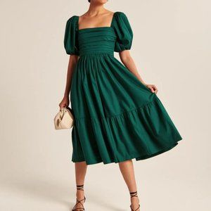 A&F Ruched Puff Sleeve Poplin Midi Dress Green